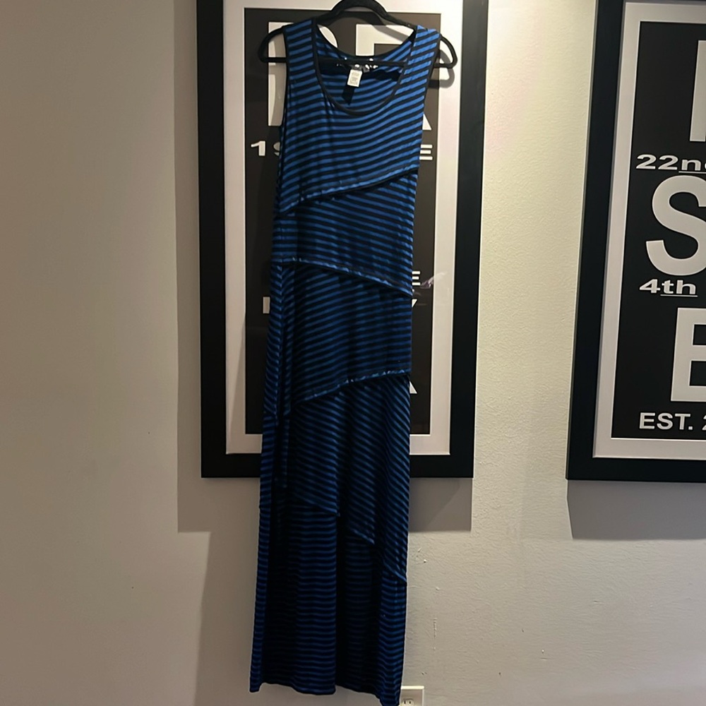 Max Studio, Women's Maxi Dress, Black and Blue Tiered Stripe